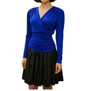 Vintage 80s Filigree Cocktail Dress Womens 10 Blue Black Ruched Drape Retro Glam